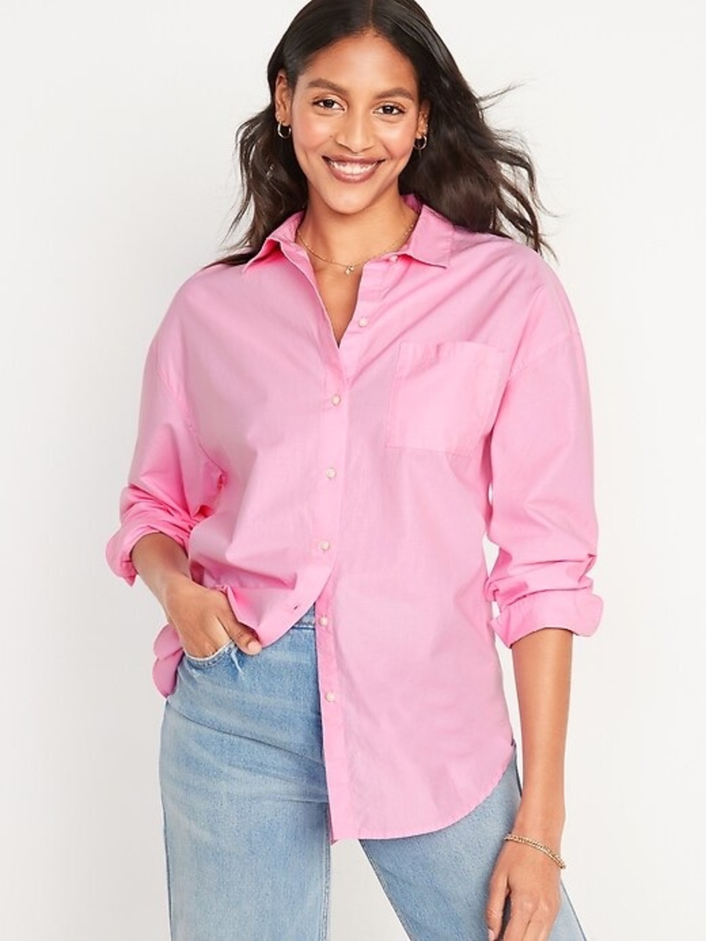 NWT Old Navy Oversized Boyfriend Long-Sleeve Shirt in Pink, Size M